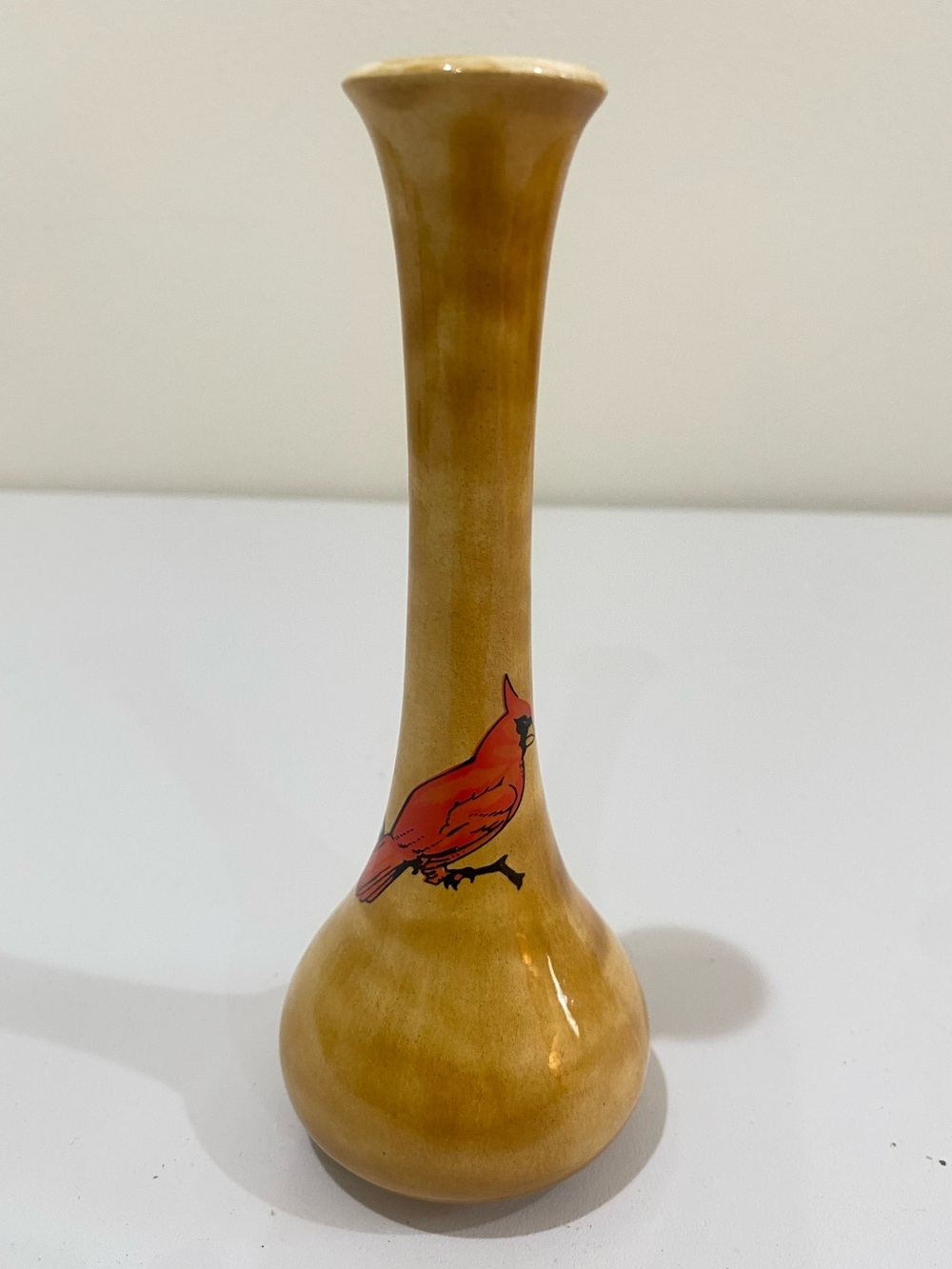Vintage Hand Painted Cardinal Ceramic Glazed Bud Flower Vase 6” MCM Rustic